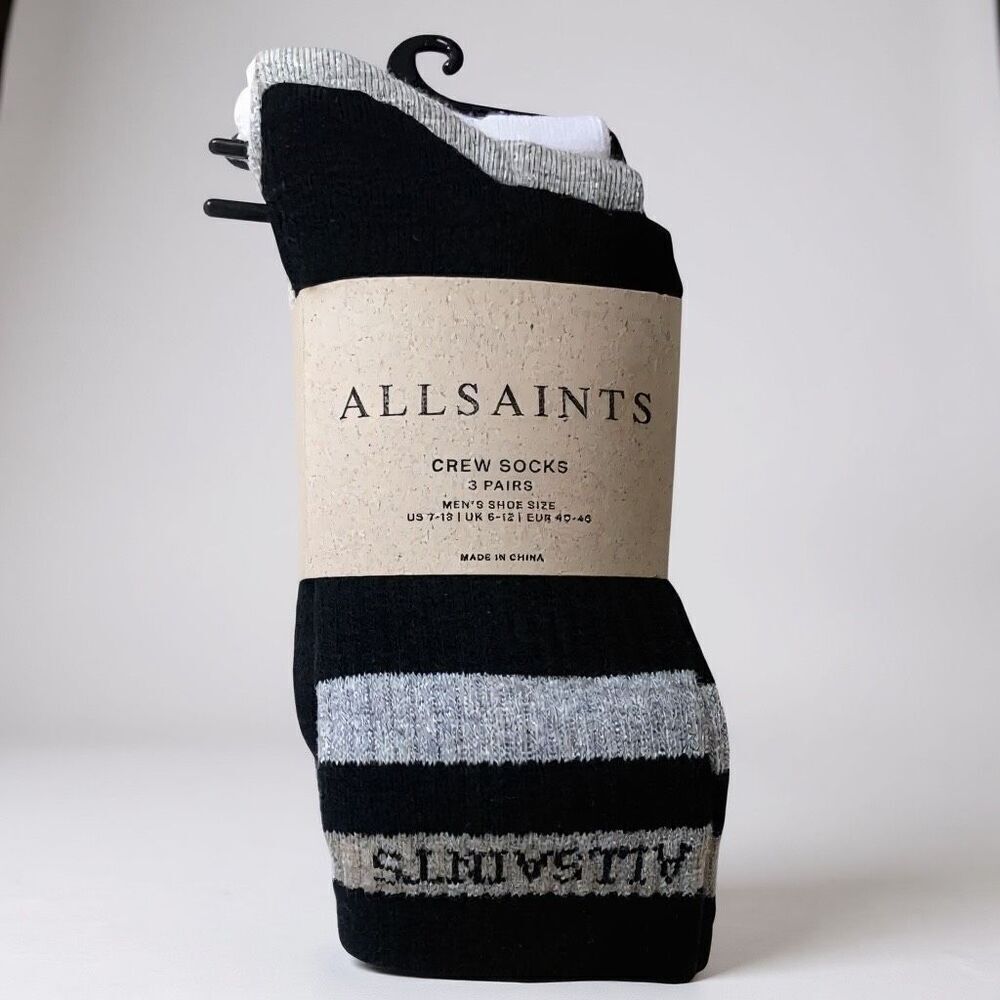 AllSaints Crew Socks 3 Pack Black & White Logo Stripe Cotton Socks Men’s 7–13